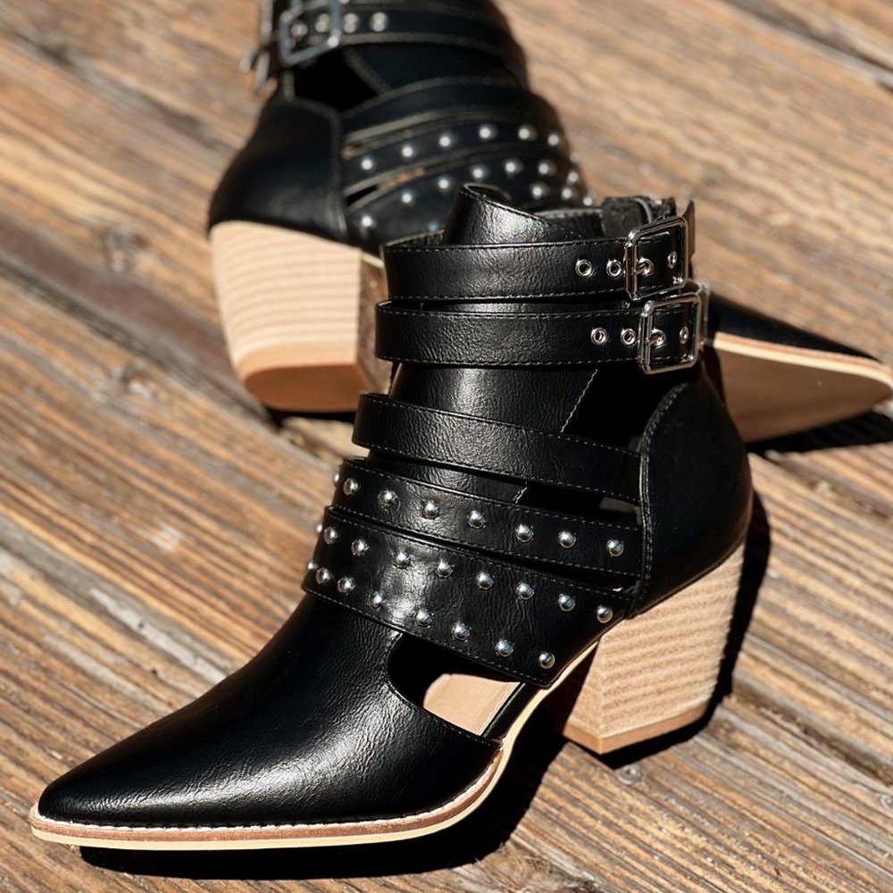 NEW Black Studded Cutout Buckle Strap Pointy Toe Block Heel Ankle Booties Vegan - Picture 13 of 16